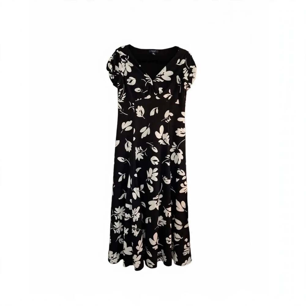 CHAPS Dress Womens PL Petite Large Black White Floral Twist Front Midi Wrap